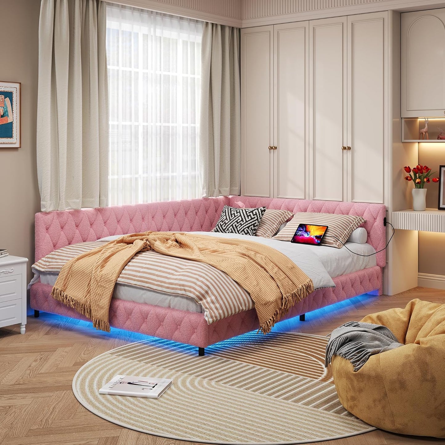 Upholstered Sofa Bed 140 x 200 cm, with Ambient Light and USB Connection, Children's Bed with Slatted Frame, Functional Bed, Teenager's Bed, Lambswool Material, Pink