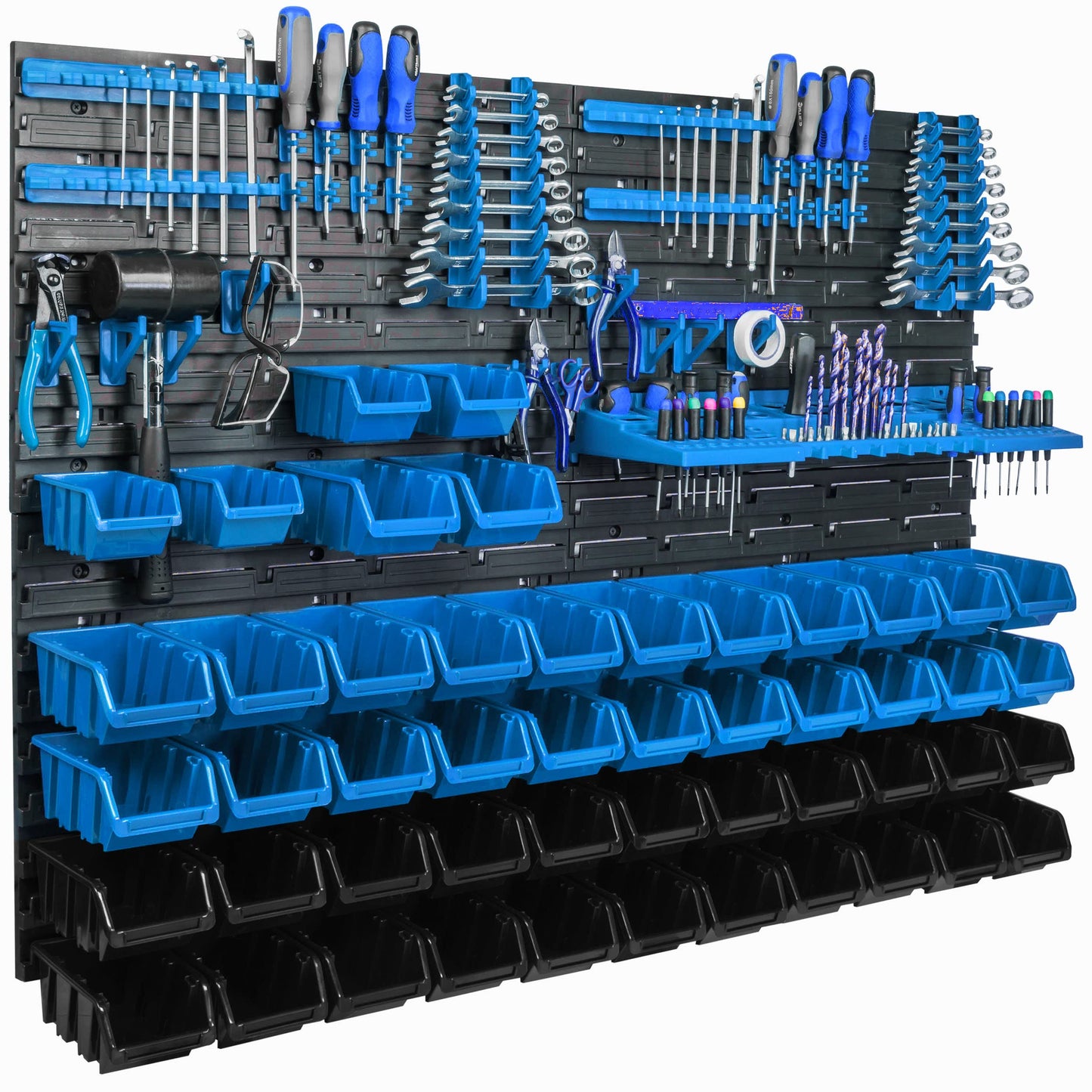 Storage System Wall Shelf 115 x 78 cm, Tool Holders, Pack of 56 Stacking Boxes, Storage Boxes, Extra Strong Wall Plates, Shelf Expandable, Workshop Shelf, Storage Shelf, Workshop Wall Shelf
