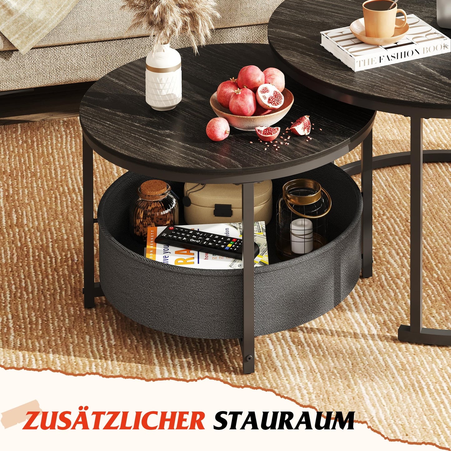 WLIVE Round Coffee Table, Set of 2, Modern Living Room Table, Round, Side Table with Fabric Basket, 80 cm Diameter Couch Table for Bedroom, Home Office (Grey Oak)