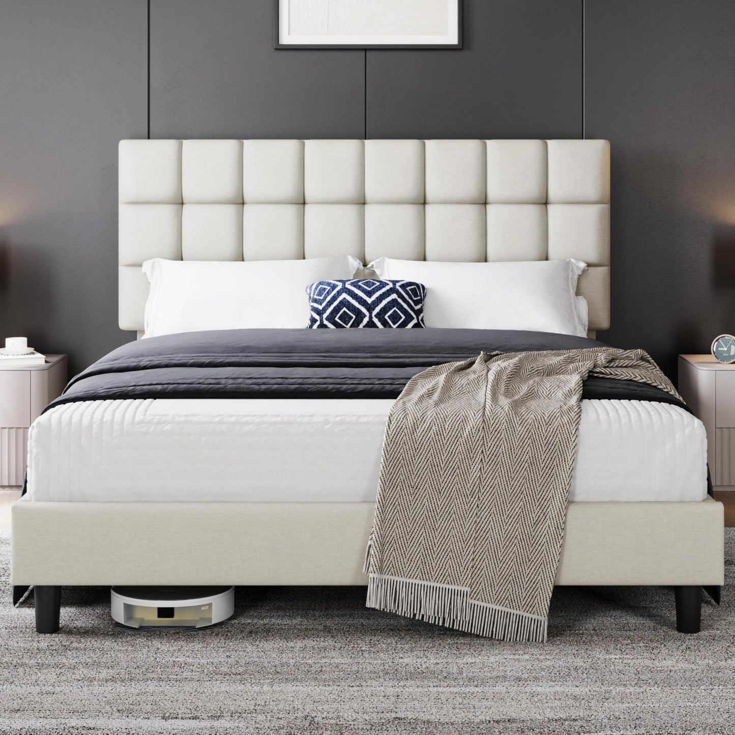 Yaheetech Upholstered Bed 140 x 200 cm Double Bed with Height-Adjustable Headboard, Sturdy Bed Frame, Fabric Bed with Slatted Frame, Padded Bed Frame, Youth Bed, Dark Grey