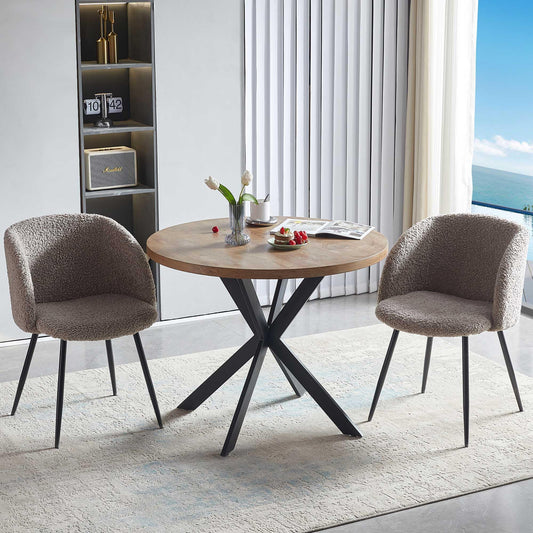 NORDICANA Esstisch mit 4 Stühlen Set, 95cm Runder Esstisch und 4 Kunstfell Loungesessel, Esszimmergruppe mit 4 Essstühlen, für Küche, Büro, Wohnzimmer, Balkon, Restaurant(Tisch+4 Braun Stühle)