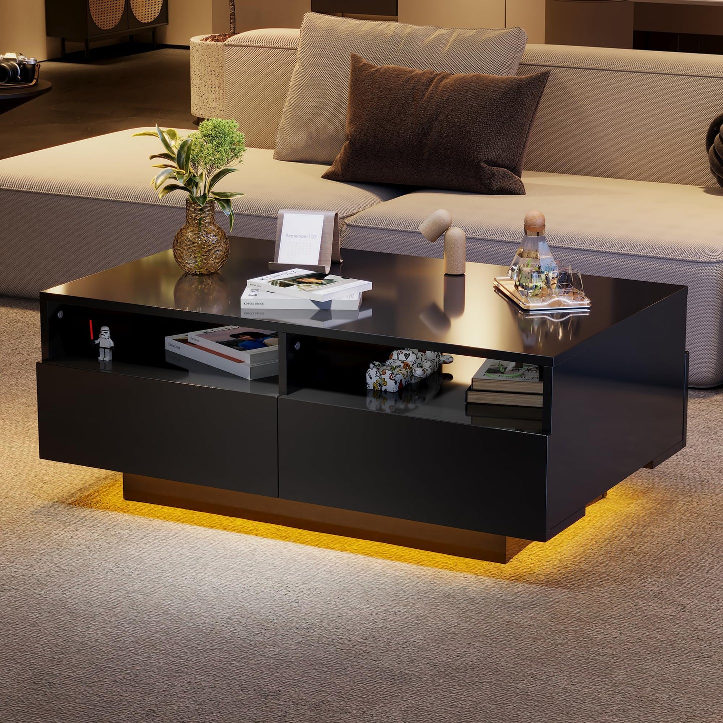 Merax Coffee Table LED High Gloss Middle Table Tea Table for Living Room Black Living Room Table with 2 Drawers and Open Compartment, Rectangular Side Table Sofa Table Coffee Table for Bedroom Office
