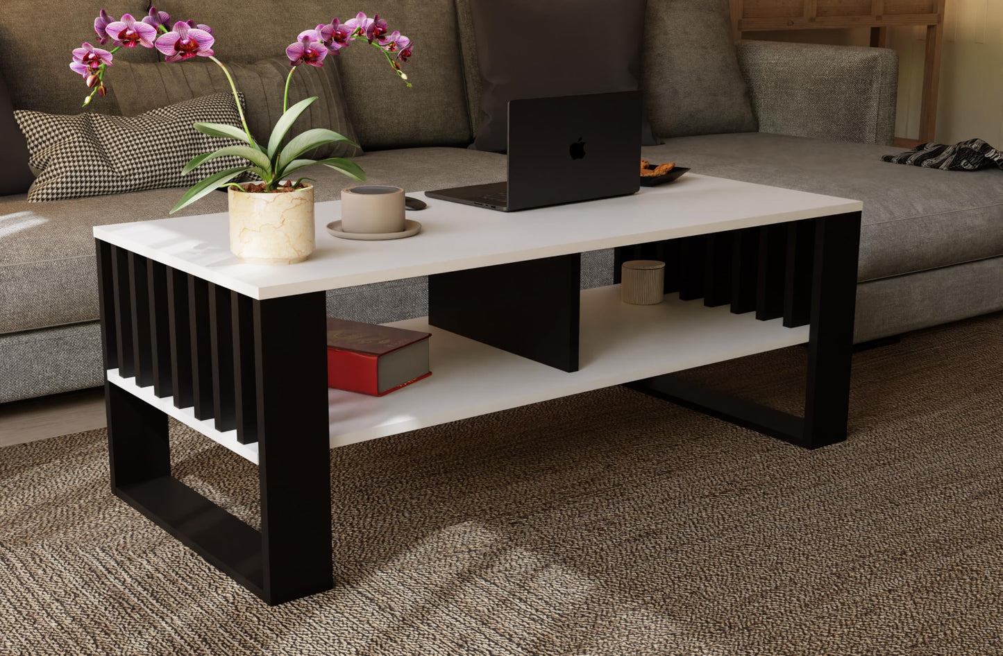 Meble Pitus Coffee Table White - Modern Living Room Table 90 x 50 x 50 cm with Storage Space & Slat Design