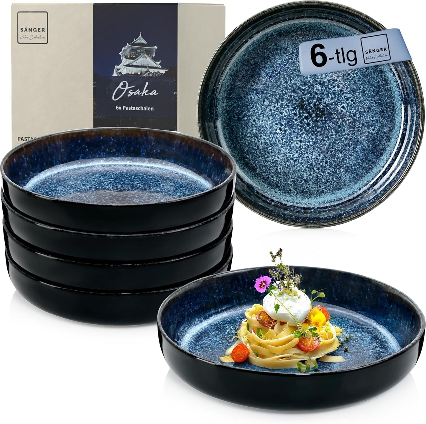 SÄNGER Manila Dinner Service for 6 People, Plate Set, Coffee Mug, Pasta Bowl, 30 Pieces, Stoneware Crockery Set, Dishwasher, Microwave, Scratch-Resistant, Blue with Black Rim, Value Collection
