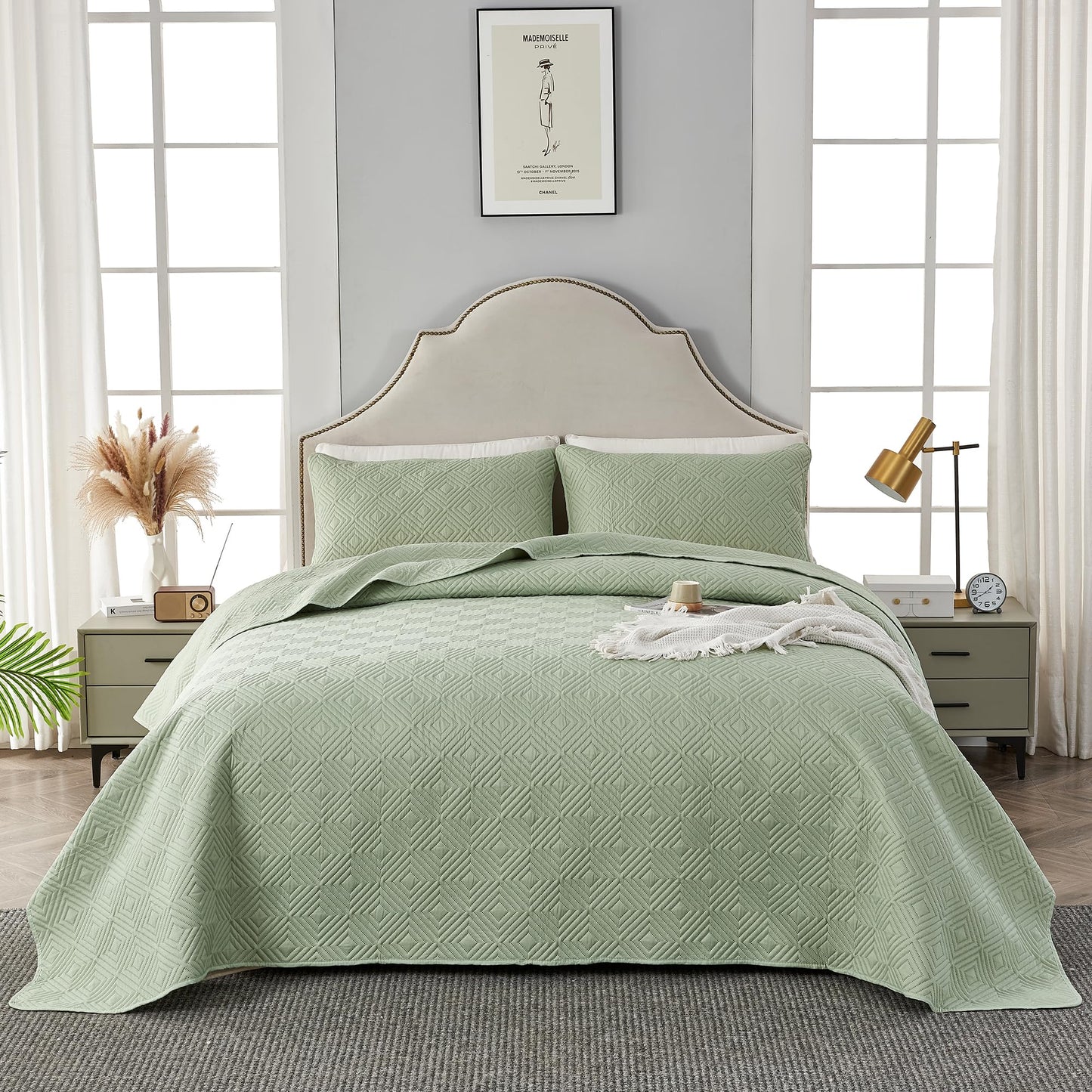 Qucover Tagesdecke Bettüberwurf 220x240cm Grün, Bedspreads aus Mikrofaser, Bettüberwuf Set mit 2 Kissenbezügen 50x75cm,Steppdecke bei 3D-Ultraschal genäht, Sofaüberwurf Bettüberwurf Überwurfdecke