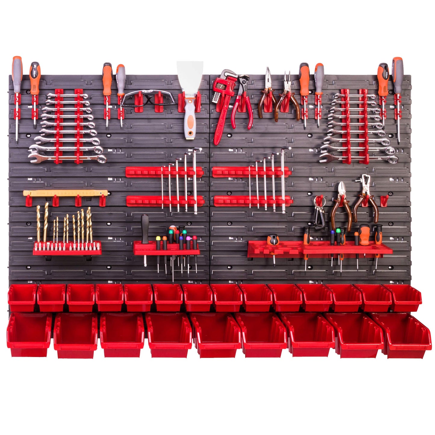 Storage System Wall Shelf 115 x 78 cm, Tool Holders, 23 Pieces Stacking Boxes Storage Boxes Extra Strong Wall Shelves Expandable Workshop Shelving Workshop Shelf