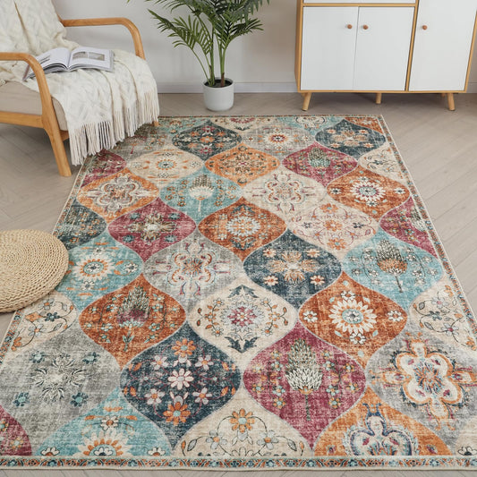 Xfrog Blumen Boho Teppich - Rutschfester Waschbarer Ultraweicher Antiker Niedriger Flor Flächenteppich für Wohnzimmer, Schlafzimmer, Kinderzimmer - 80 x 150 cm