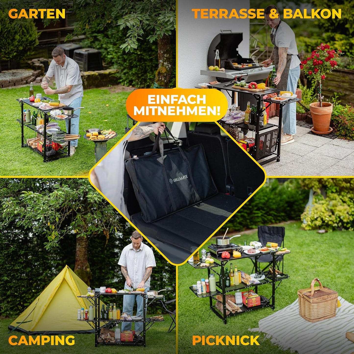 Outdoor Weatherproof Foldable Barbecue Side Table, Table for Barbecue, Balcony, Camping, Garden, Camping Kitchen Foldable Made of Aluminium, Rust-Resistant [50 kg Load Capacity] Includes