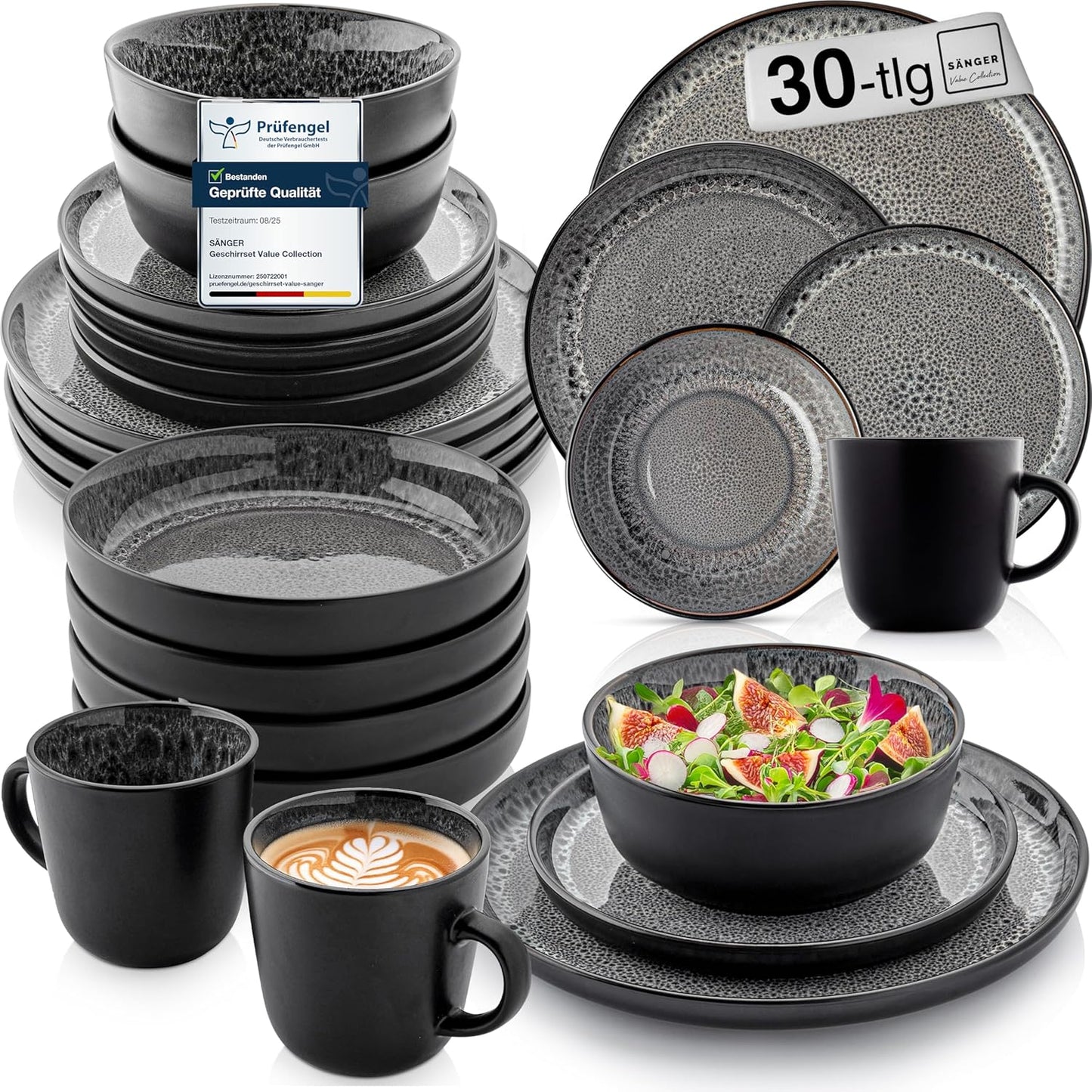 SÄNGER Manila Dinner Service for 6 People, Plate Set, Coffee Mug, Pasta Bowl, 30 Pieces, Stoneware Crockery Set, Dishwasher, Microwave, Scratch-Resistant, Blue with Black Rim, Value Collection