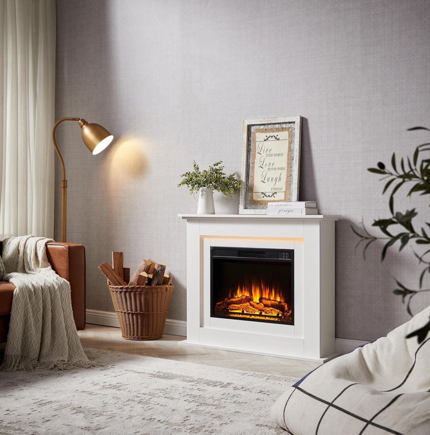 BALDERIA Finn Electric Fireplace, Electric Standing Fireplace, 3D Flame Effect, LED Ambient Lighting, Heating 2000 W, Timer, Thermostat, Start Control, Open Window Battery, Remote Control, Dark Oak