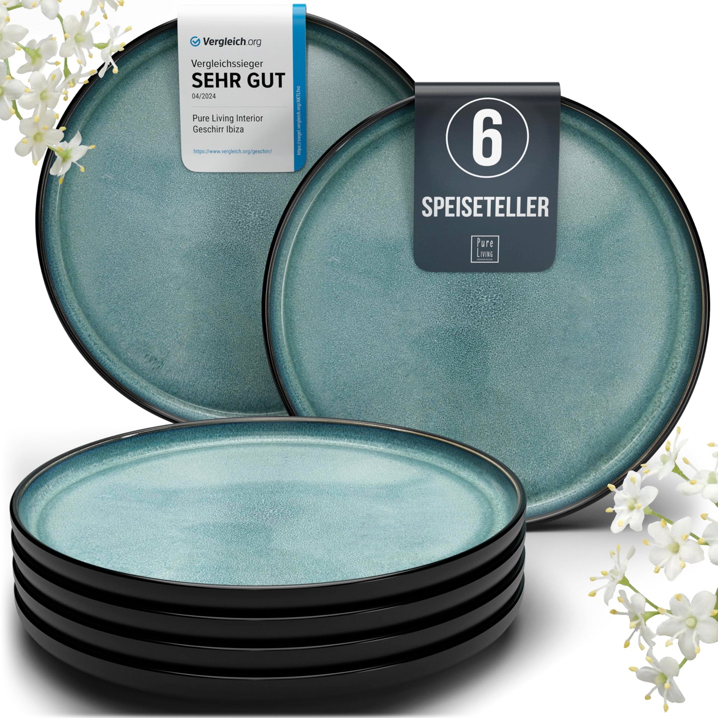 Ibiza Stoneware Crockery Set for 12 People, 48 Pieces, Test Winner, Dreamlike Mediterranean Stoneware Crockery Set, Bowl and Plate Set, Dinner Service for 12 People, Pure Living Crockery Sets in Deep