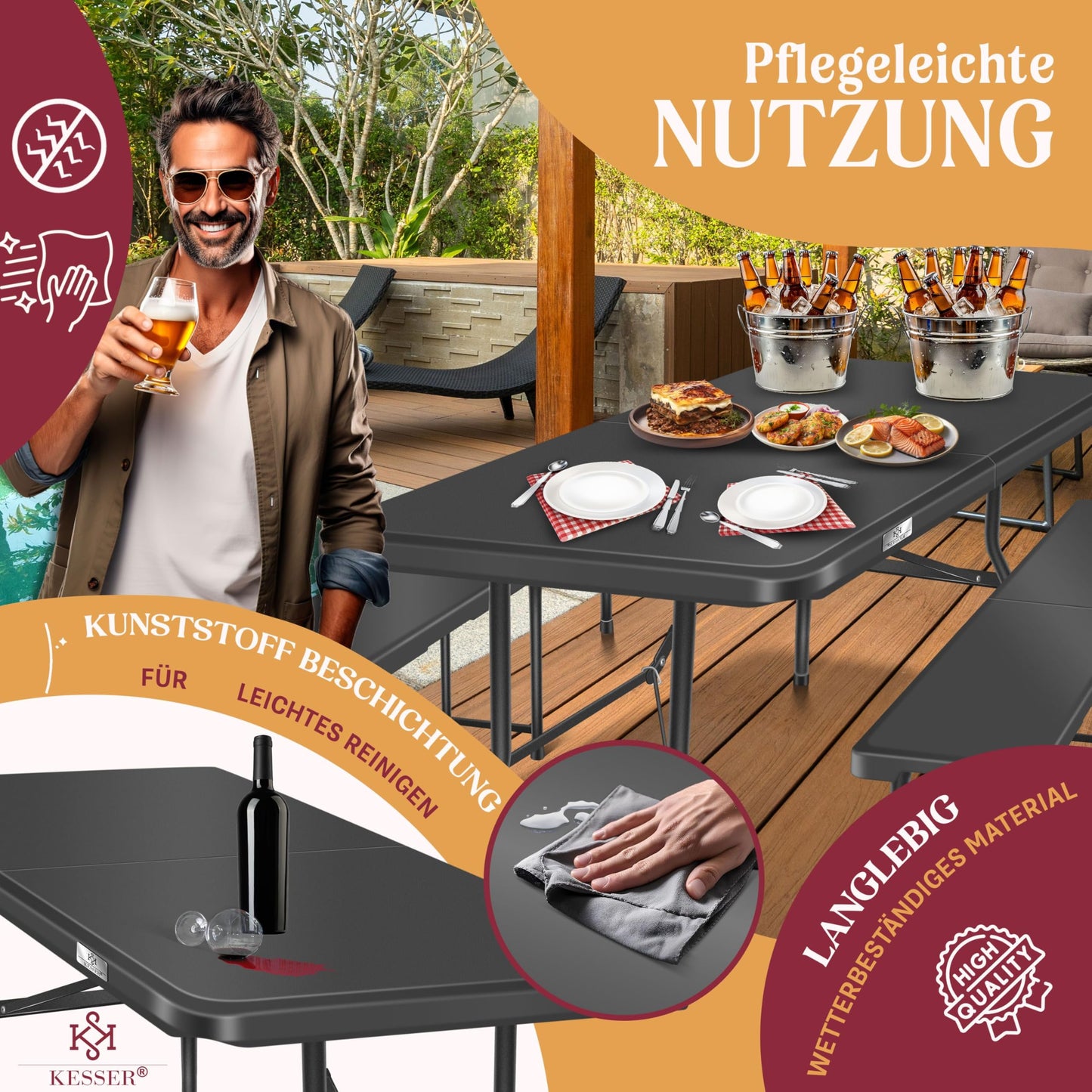 Kesser® Beer Tent Set – 3 Piece Set, Table + 2 x Bench, for Indoor / Outdoor, Folding, Carry Handles, HxWxD: 73 x 180 x 75 cm, Plastic, Rattan-Look Garden Set, Folding Table, Garden Table, Black