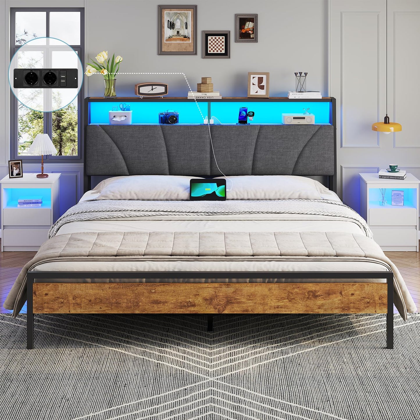 Brinlawb Bed 180 x 200 cm with Metal Slatted Frame, Double Bed 180 x 200 cm with LED Lighting, Bed Frame 180 x 200 cm Bed with Headboard and Charging Station (2 AC Sockets, 2 USB Ports), Modern, Grey