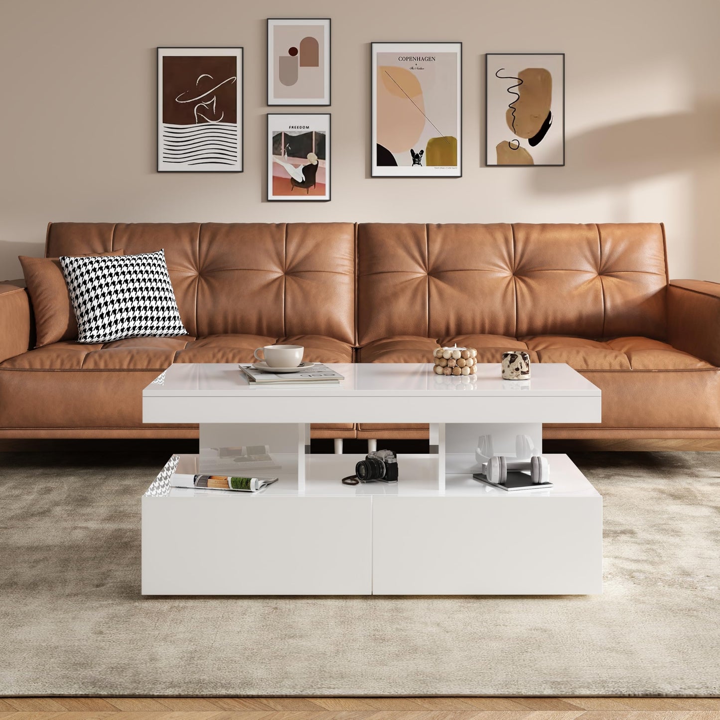 Coffee Table with LED Lighting, High Gloss Living Room Table with 2 Silent Drawers and Open Compartment, Elegant Side Table for Living Room and Office (White)
