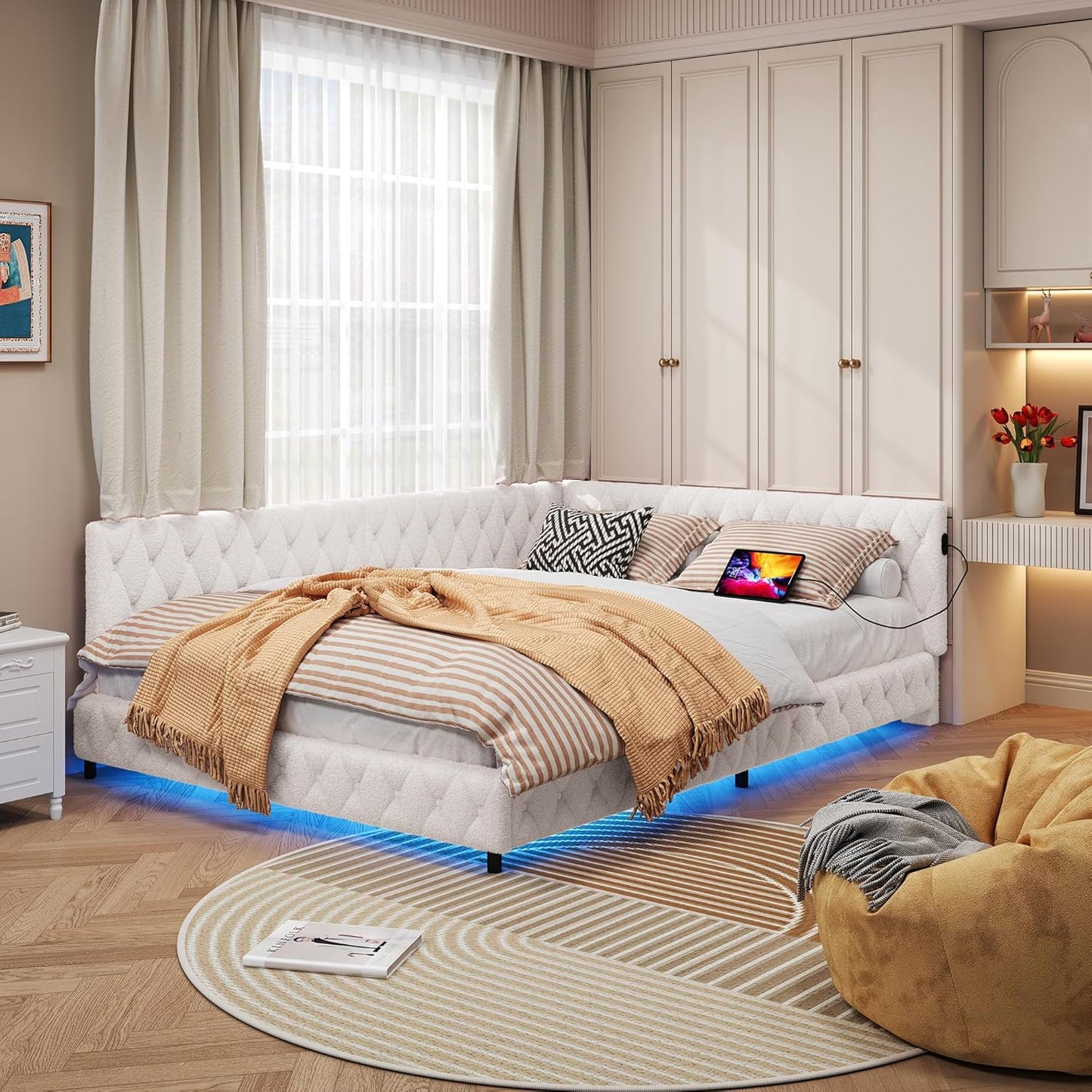 Upholstered Sofa Bed 140 x 200 cm, with Ambient Light and USB Connection, Children's Bed with Slatted Frame, Functional Bed, Teenager's Bed, Lambswool Material, Pink