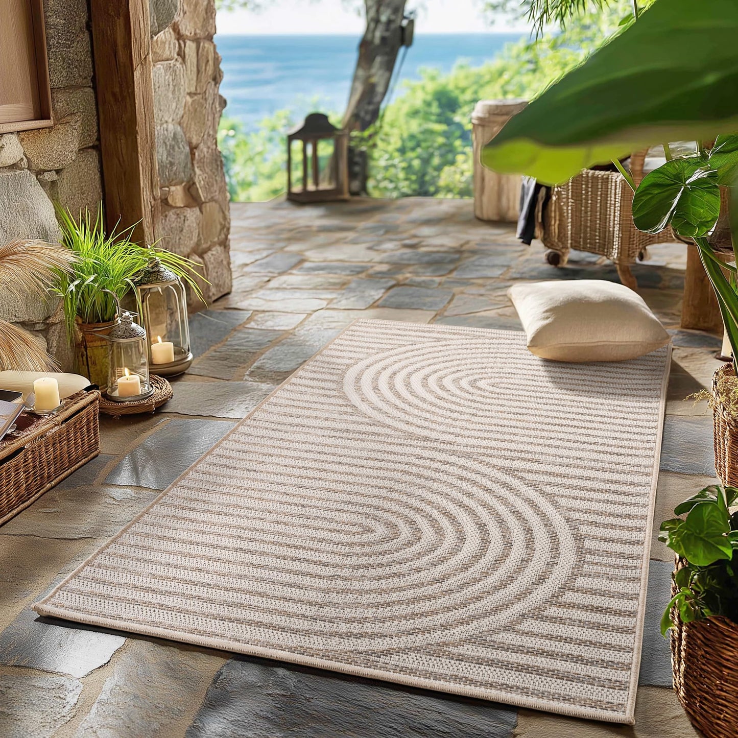 SIMPEX Outdoor Teppich Wetterfest Beige 140x200 cm, UV-beständig, ideal für Küche, Balkon, Terrasse, Garten Wohnzimmer Esszimmer, Skandinavisches Boho-Design, Pfelgeleicht