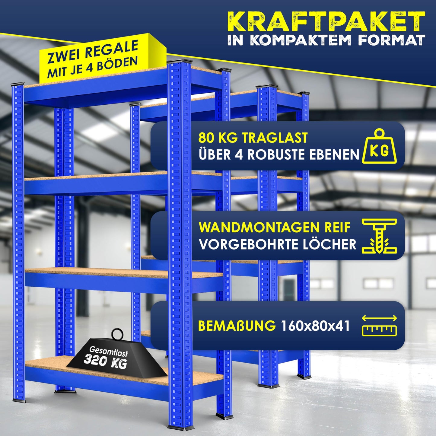 MASKO® Set of 2 Storage Shelves, Heavy Duty Shelves, Basement Shelves, 160 x 80 x 40 cm, Maximum Load 700 kg, 4 Adjustable Shelves, MDF Panels, Boltless Metal Shelf, Workshop, Basement, Garage, Black