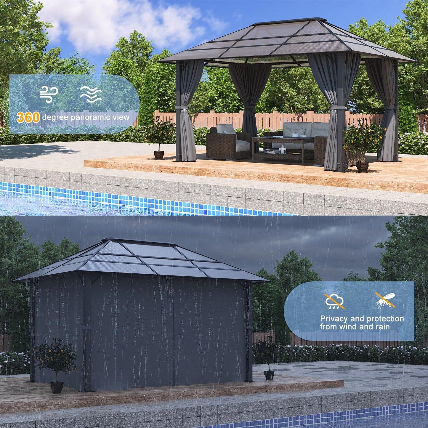 Gazebo 3 x 3 Waterproof Stable Winterproof Aluminium Garden Gazebo with Fixed Roof Protection UV Suitable for Outdoor Scenes Grey