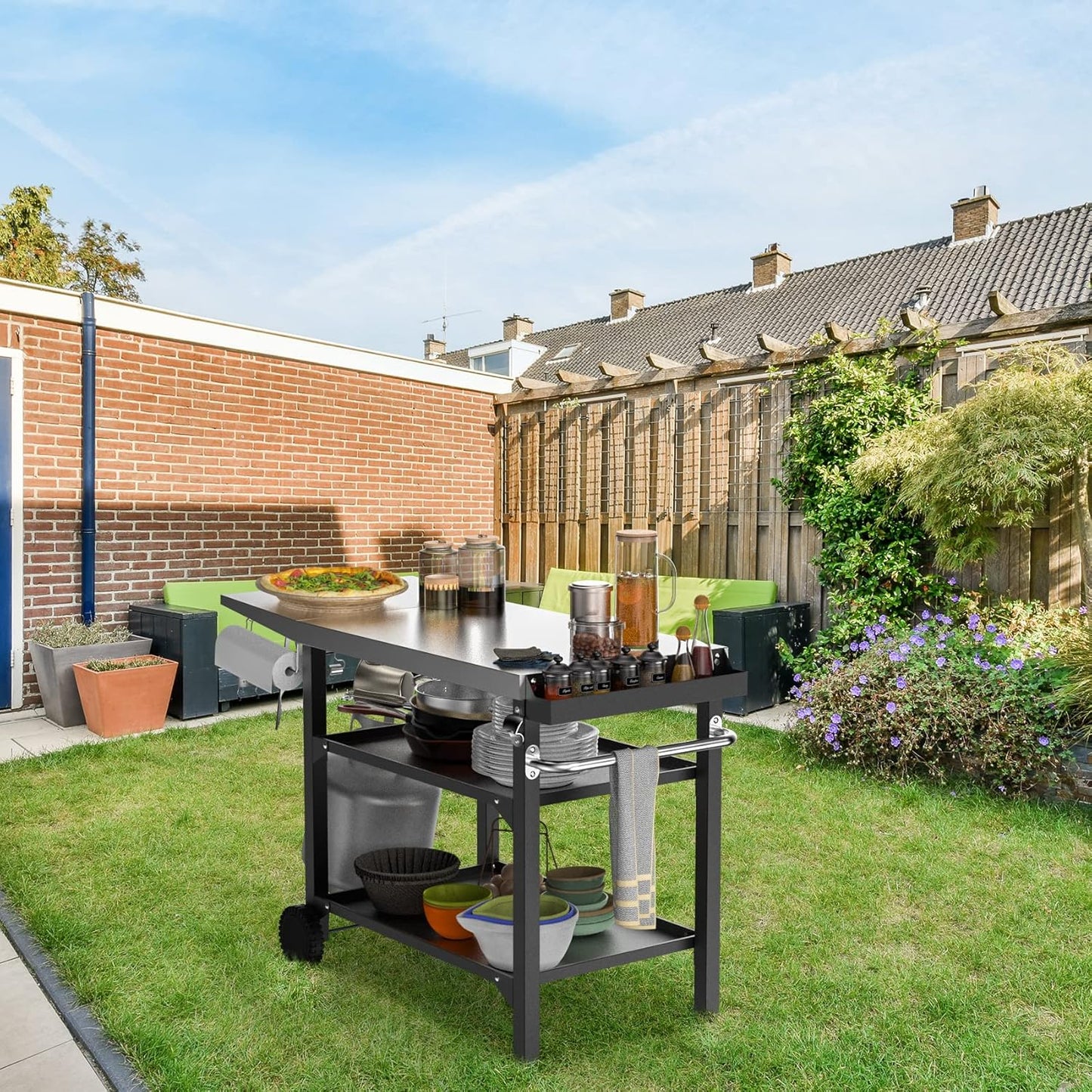 onlyfire Barbecue Trolley 120 × 53 × 81 cm, Grill Table with Large Work Surface, Wheels and Side Table, Serving Trolley 3 Levels, BBQ Table, Outdoor Grill Trolley, Stainless Steel Large Work Surface