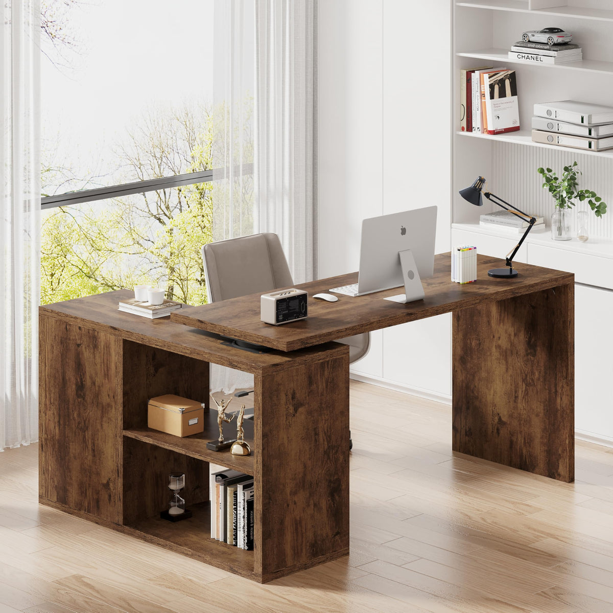 HSH Desk L Shape with Storage Space Corner Desk for Home Office Industrial Computer Desk Office Table Wood Design PC Table for Office Study Vintage Grey 140 cm