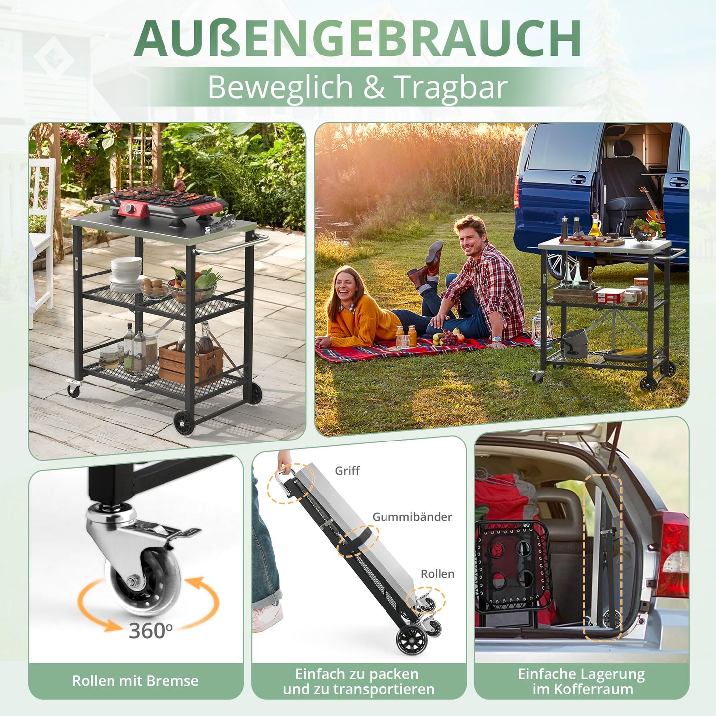 LUE BONA Folding BBQ Trolley, BBQ Table with 2 Shelves, Outdoor Kitchen Side Table on Wheels, Serving Trolley for Garden, Barbecue, Camping, Stainless Steel Table Top