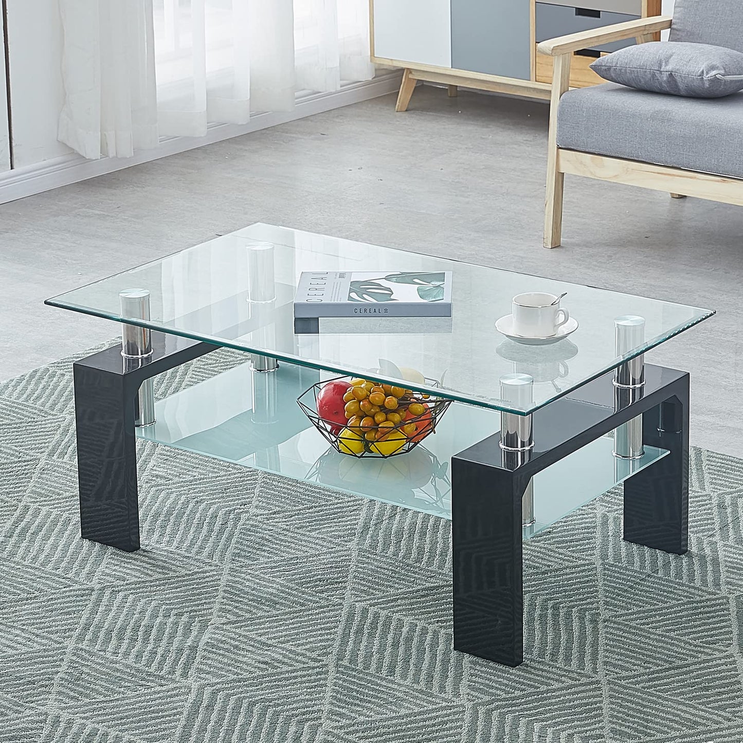 CLIPOP Rectangular Coffee Table Made of Tempered Glass, Living Room Table, Modern Sofa Table with Storage Space, Coffee Table, Glass Table with Lower Shelf for Living Room, Balcony, Bedroom, 100 x 60