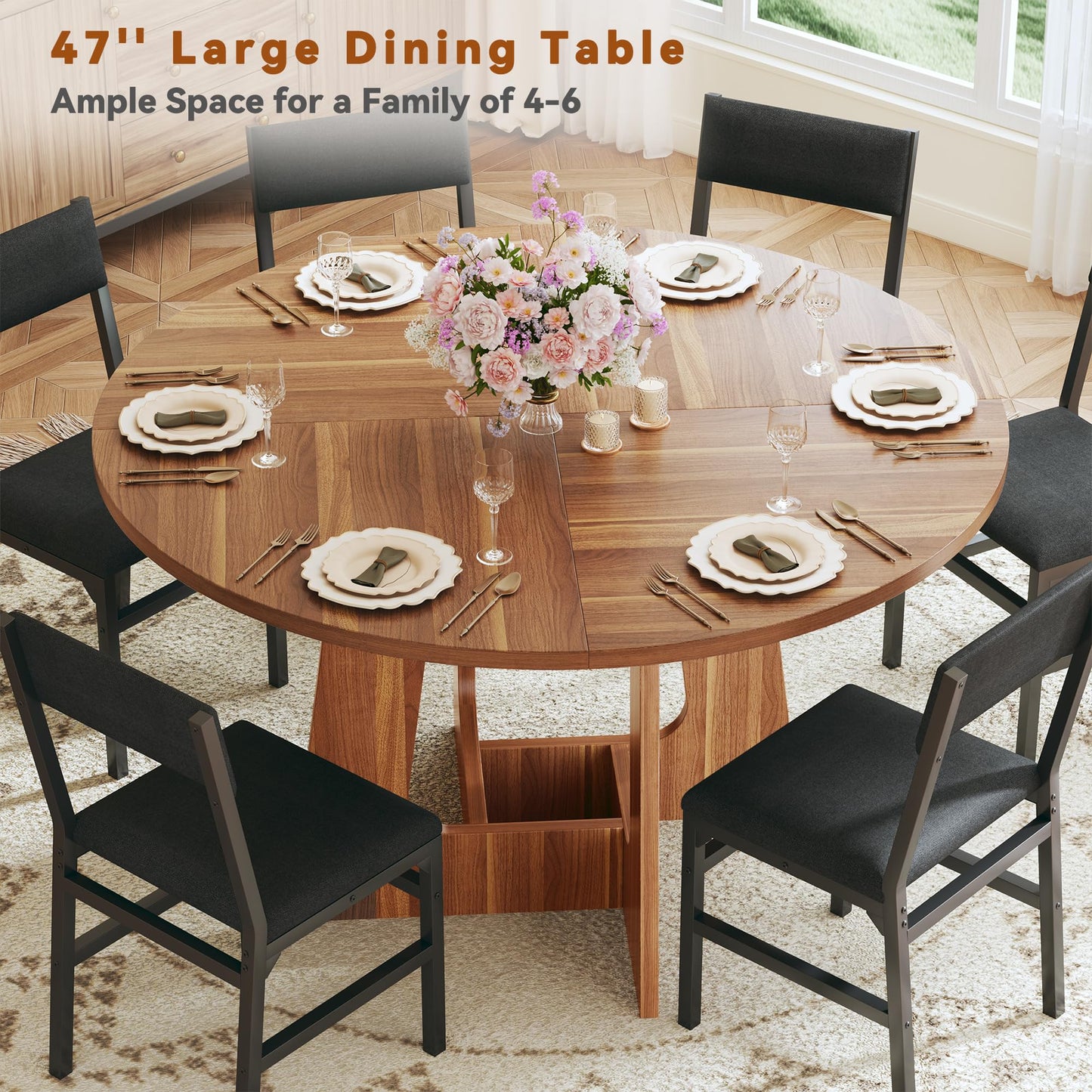 Round Dining Table Set for 6, 7-Piece Kitchen Table and Chairs for 6, 47'' Round Dining Room Table Set with 6 Chairs, Space Saving Dining Table with Wood Base for Kitchen, Living Room, Brown