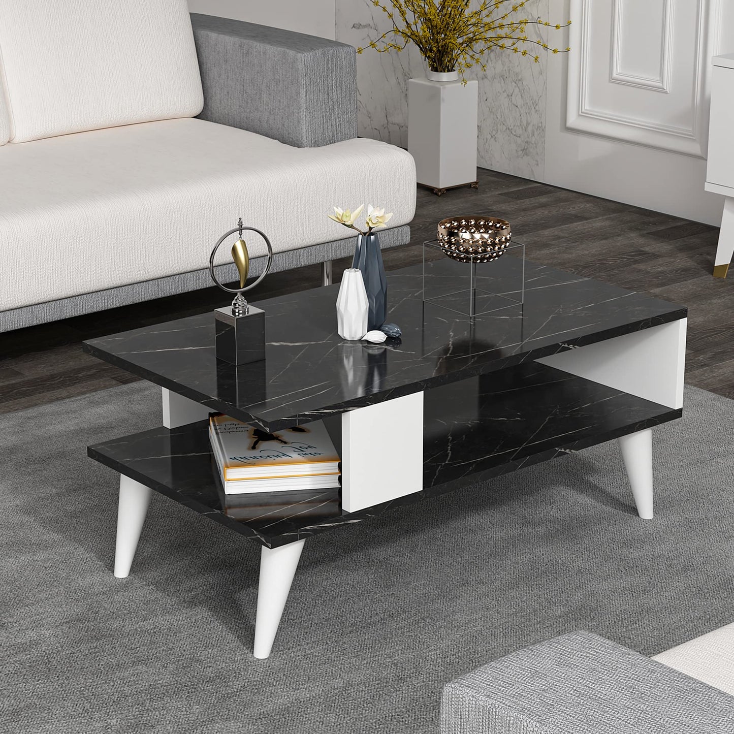 [en.casa] Lycksele Coffee Table Living Room Table with Storage Space Rectangular Black Marble Look White with Lower Shelf Sofa Table