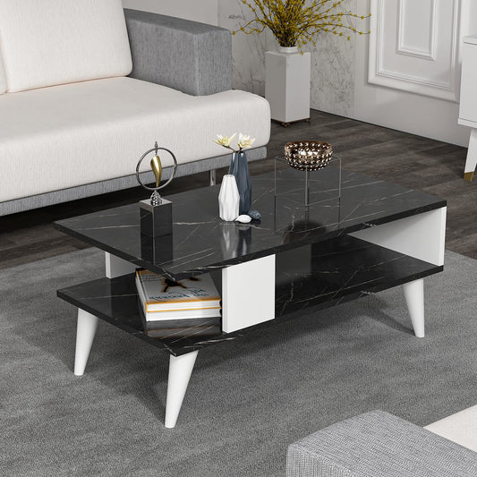 [en.casa] Lycksele Coffee Table Living Room Table with Storage Space Rectangular Black Marble Look White with Lower Shelf Sofa Table
