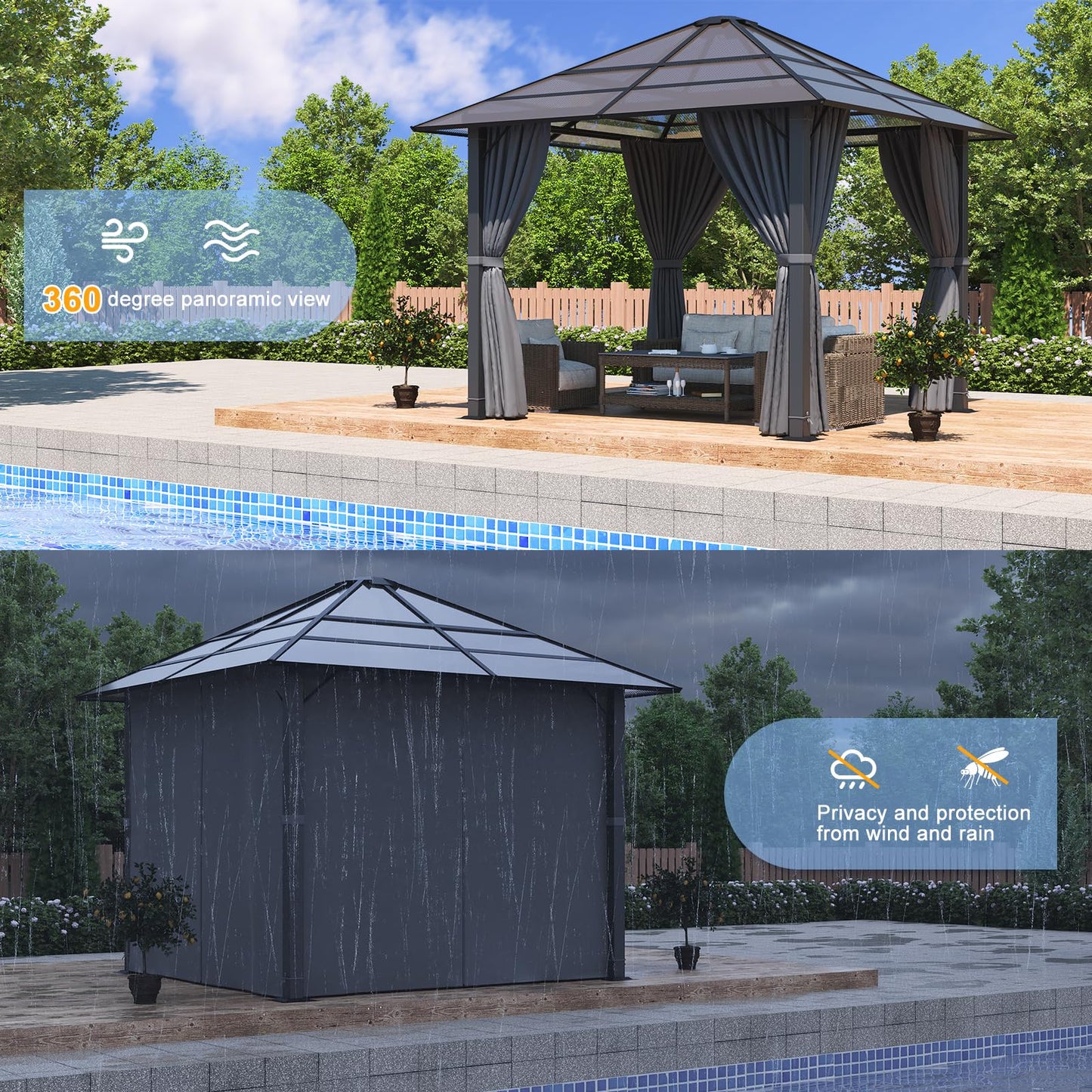 Gazebo 3 x 3 Waterproof Stable Winterproof Aluminium Garden Gazebo with Fixed Roof Protection UV Suitable for Outdoor Scenes Grey