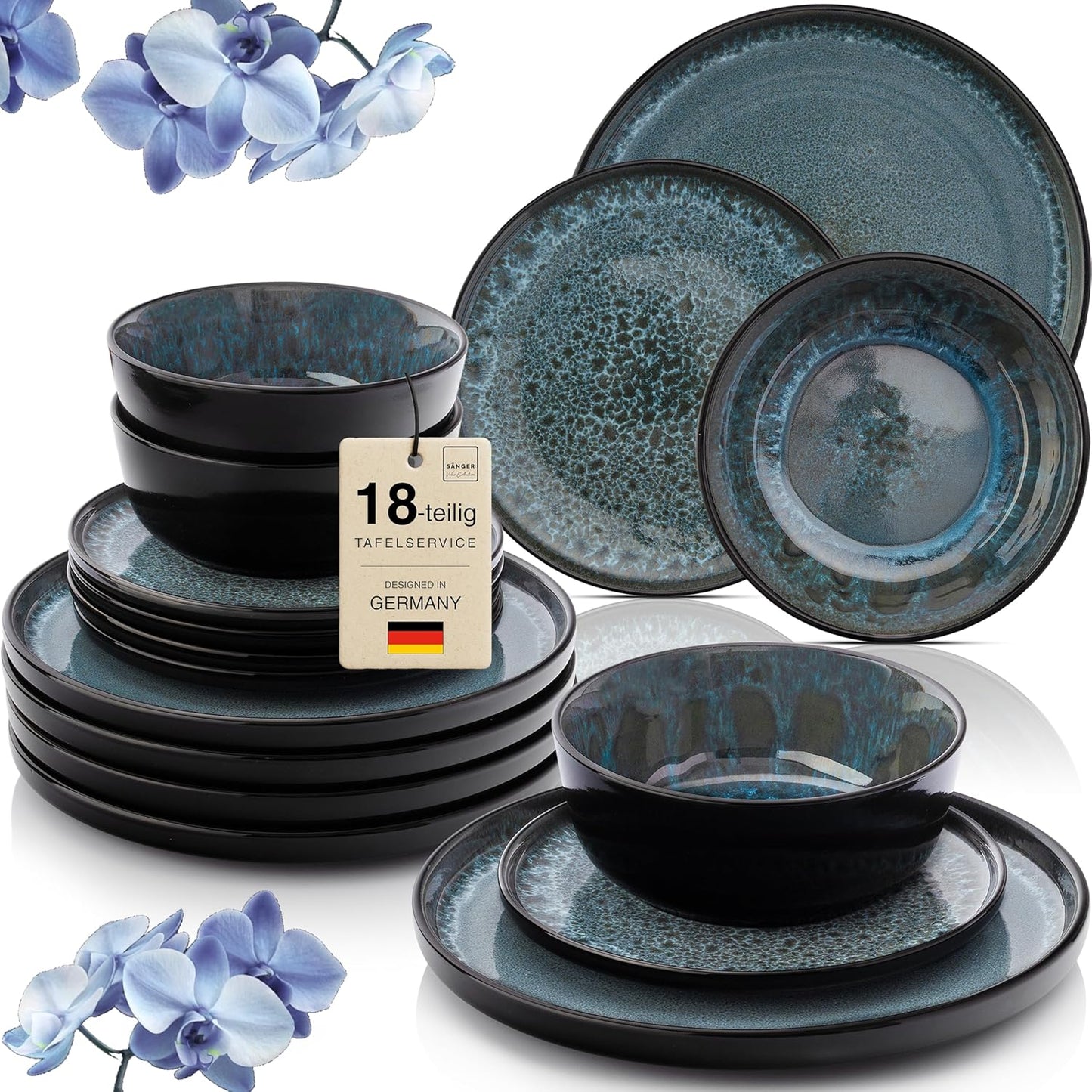 SÄNGER Manila Dinner Service for 6 People, Plate Set, Coffee Mug, Pasta Bowl, 30 Pieces, Stoneware Crockery Set, Dishwasher, Microwave, Scratch-Resistant, Blue with Black Rim, Value Collection