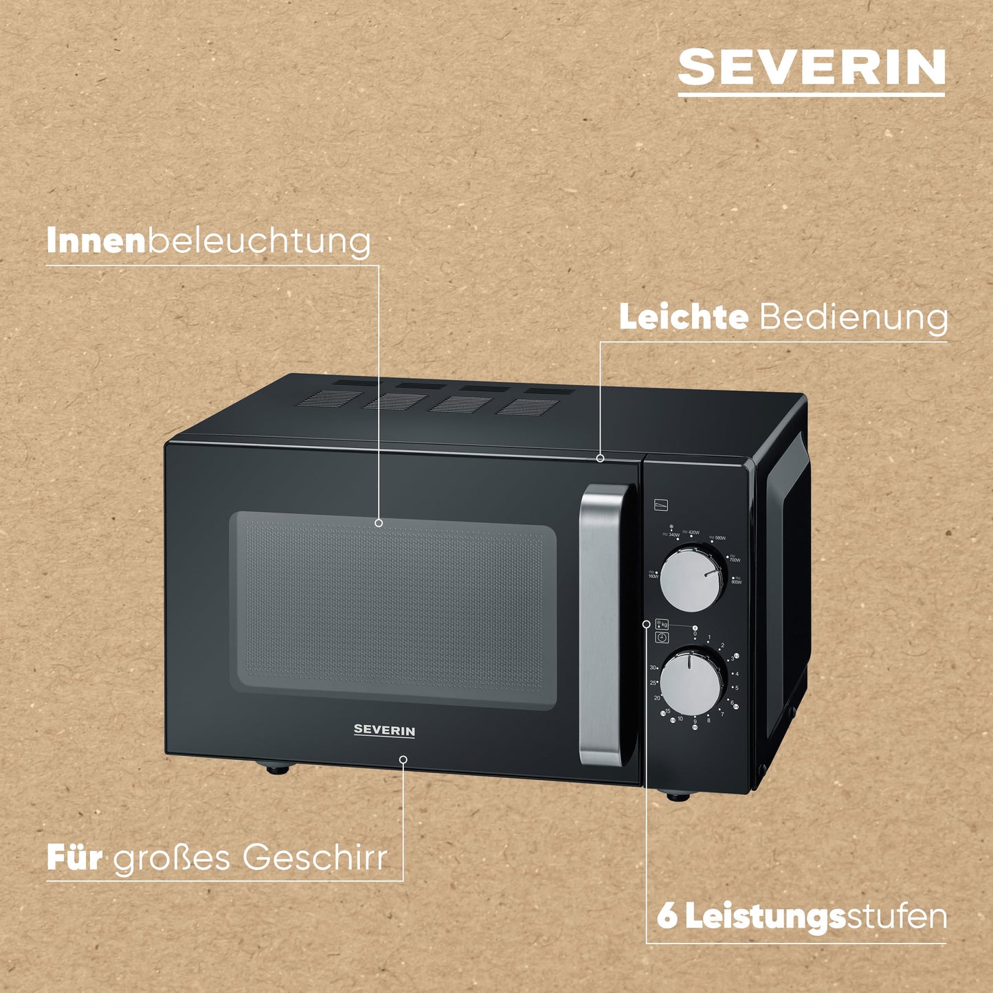 SEVERIN Microwave with Glass Base, for Defrosting and Heating, Microwave Oven with Large Usable Surface for Square Tableware, Black/Silver, MW 7761