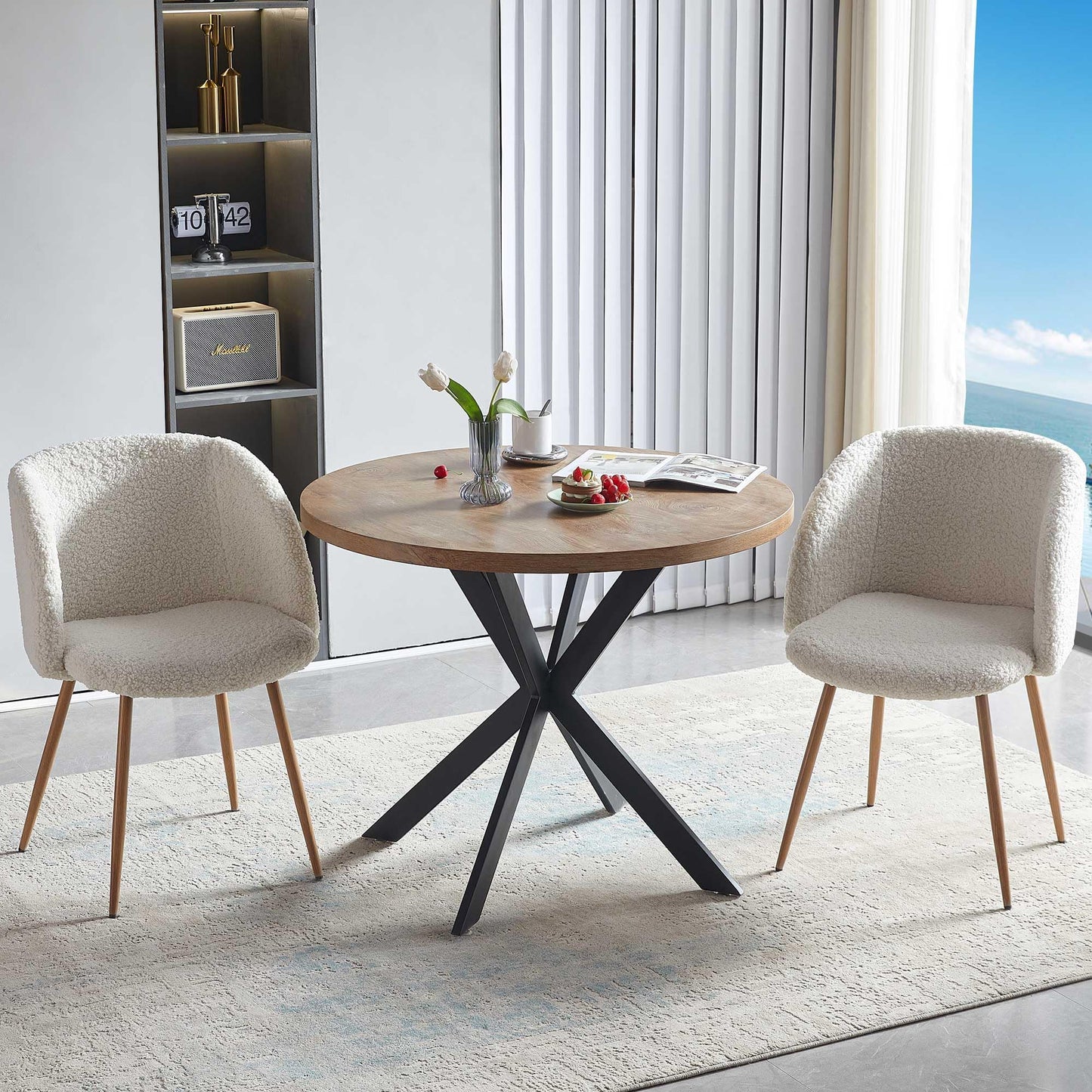 NORDICANA Esstisch mit 4 Stühlen Set, 95cm Runder Esstisch und 4 Kunstfell Loungesessel, Esszimmergruppe mit 4 Essstühlen, für Küche, Büro, Wohnzimmer, Balkon, Restaurant(Tisch+4 Braun Stühle)