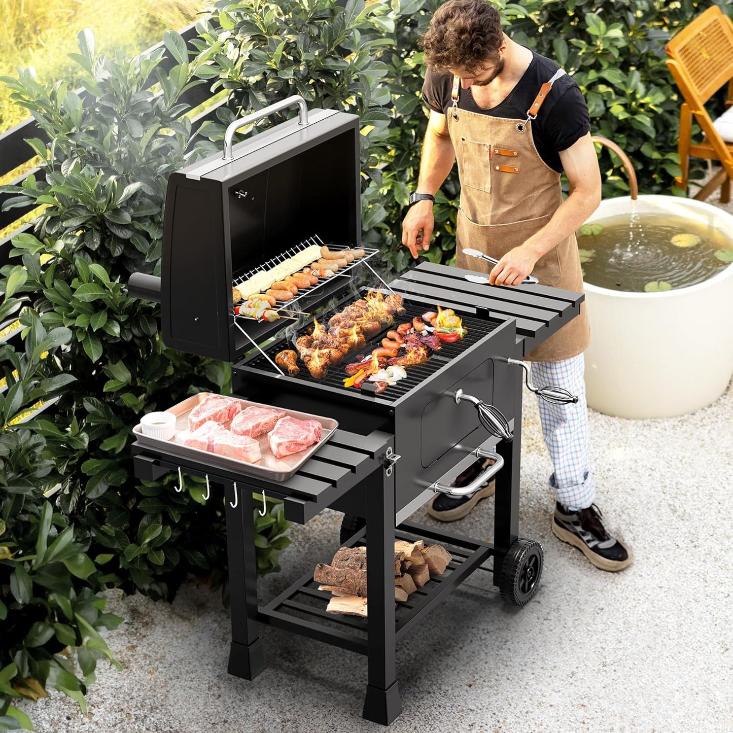 YITAHOME XXL Charcoal BBQ Smoker Grill Trolley with Deluxe Cast Iron Grate & Enamel Carbon Pan, Thermometer, Stand Grill for Party, Camping, Garden, Includes Kitchen Tongs and Glove