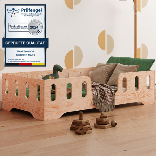 smartwood Montessori Wooden Floor Bed 60 x 120 cm Grey with FSC Certificate TILA 2 with Fall Protection and Slatted Frame Maximum Load 230 kg Easy Assembly