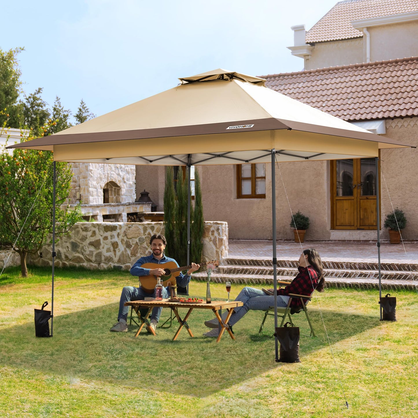 VIVOHOME 3 x 3 m Garden Gazebo with Double Roof, Height-Adjustable Pop Up Gazebo with Central Locking UV Protection 50+, Includes Carry Bag and 4 Sandbags for Garden, Outdoor, Camping