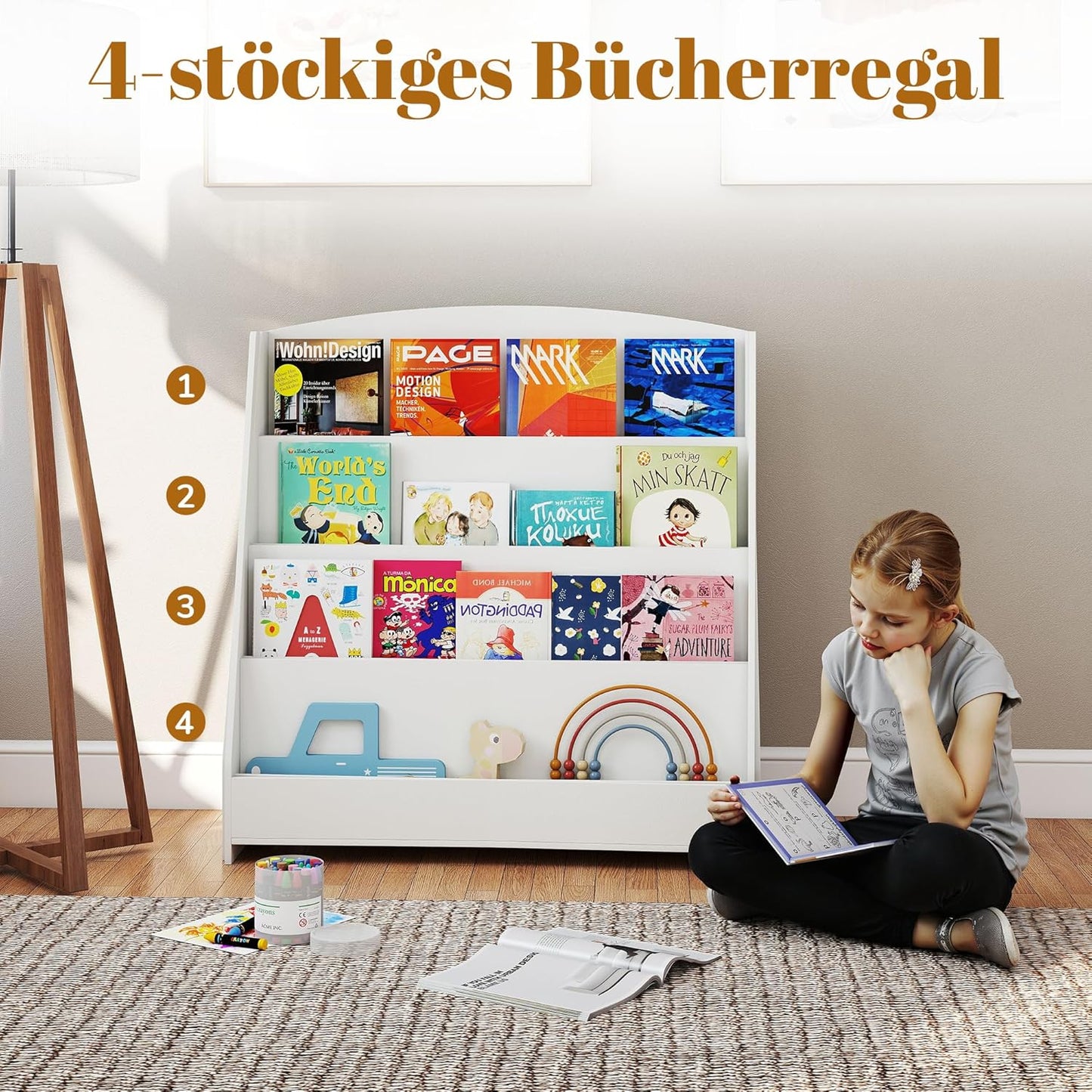 SOCOMFAY 4-Tier Children's Bookcase, Wooden Shelf, Children's Bookshelf for Children's Room, Nursery, White