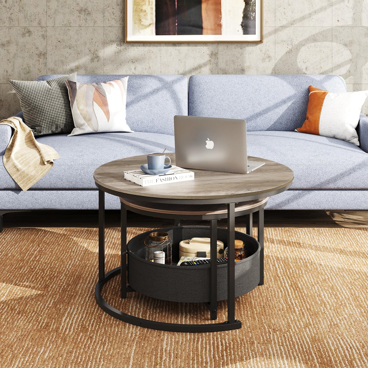 WLIVE Round Coffee Table, Set of 2, Modern Living Room Table, Round, Side Table with Fabric Basket, 80 cm Diameter Couch Table for Bedroom, Home Office (Grey Oak)