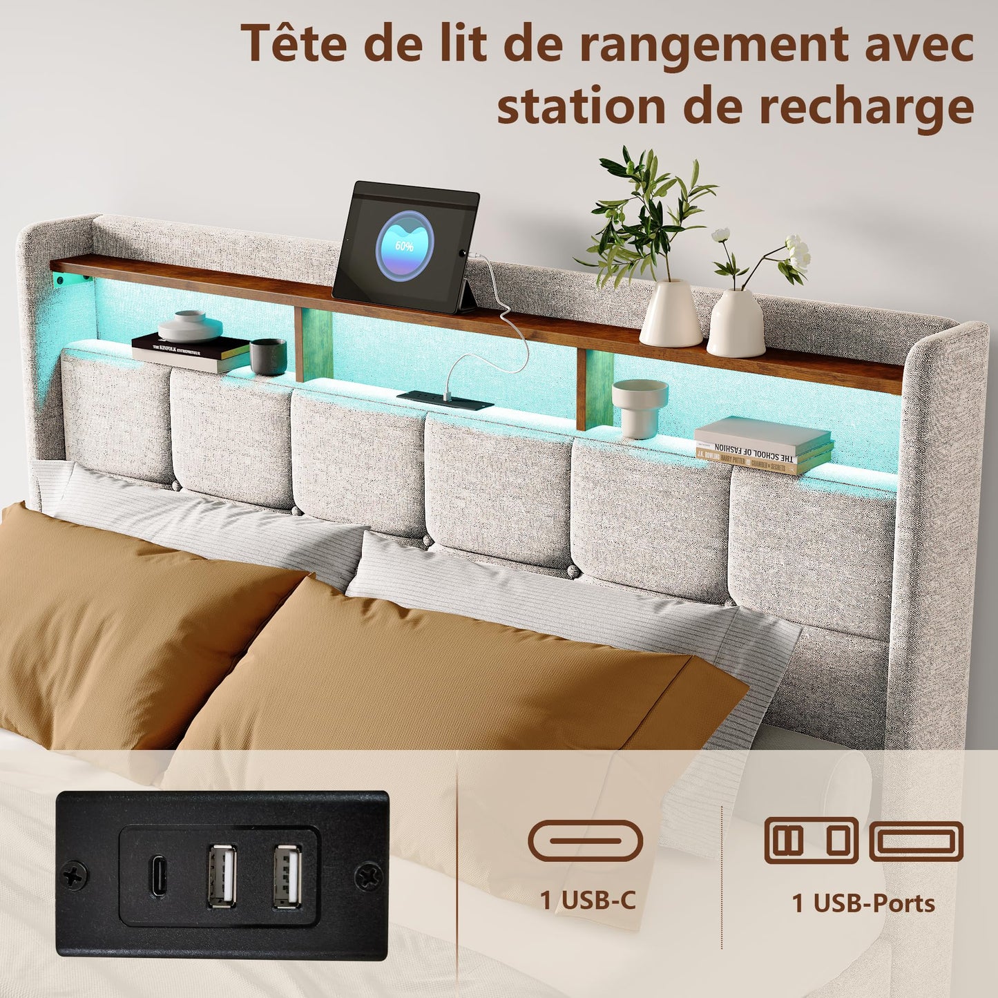KeepGoon Doppelbett 140 x 200 cm,Polsterbett mit LED-Leuchten, 4 Eisenschubladen und einem USB Ladeanschluss,Stauraumbetten Bettgestell,Leinenstoff (Beige)