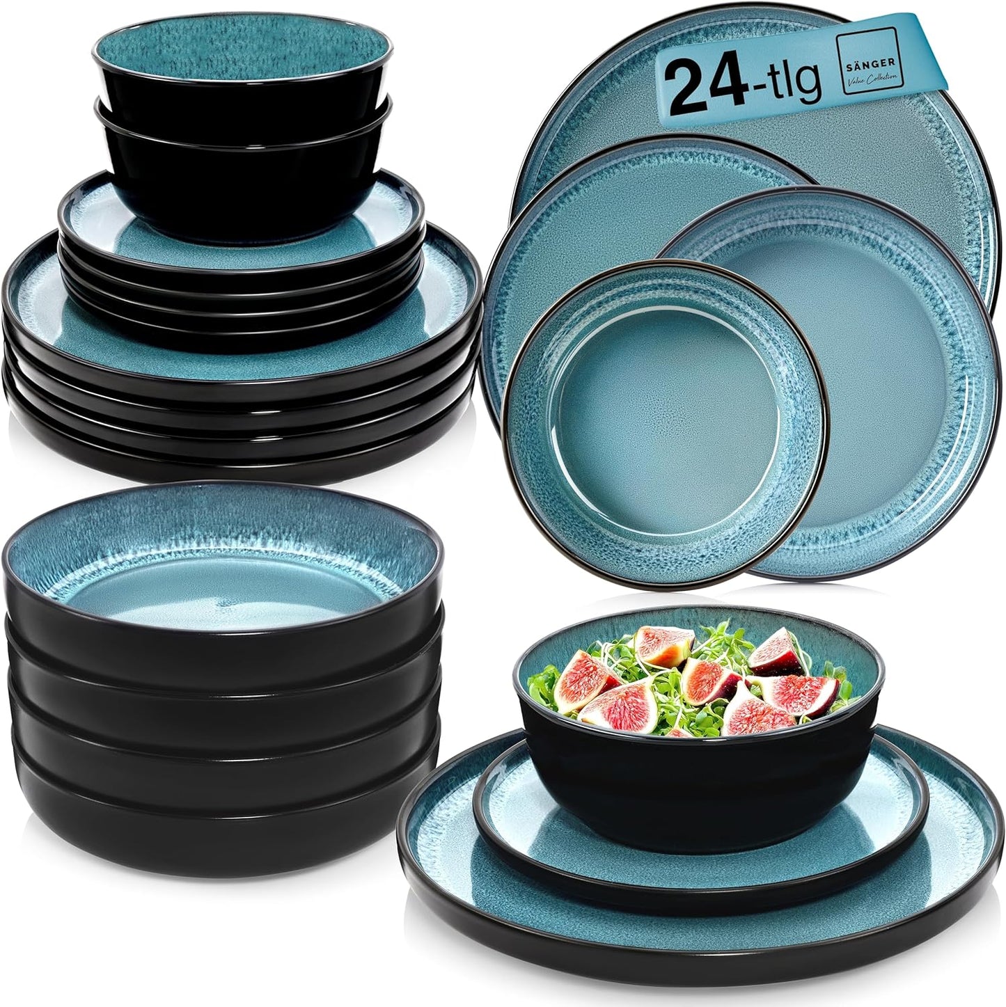 SÄNGER Manila Dinner Service for 6 People, Plate Set, Coffee Mug, Pasta Bowl, 30 Pieces, Stoneware Crockery Set, Dishwasher, Microwave, Scratch-Resistant, Blue with Black Rim, Value Collection