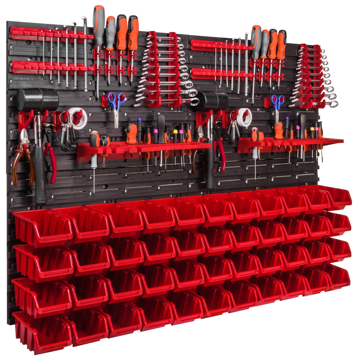 Storage System Wall Shelf 115 x 78 cm, Tool Holders, Pack of 56 Stacking Boxes, Storage Boxes, Extra Strong Wall Plates, Shelf Expandable, Workshop Shelf, Storage Shelf, Workshop Wall Shelf