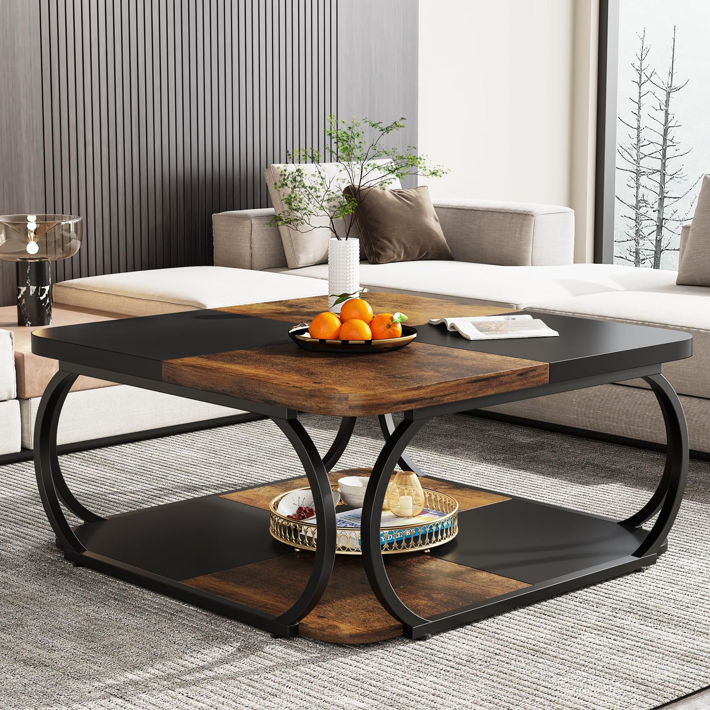Tribesigns Square Coffee Table for Living Room, 100 x 100 x 50 cm, Wood Composite Coffee Table, Low Living Room Table for Modern Living Room, Rustic Brown, Black