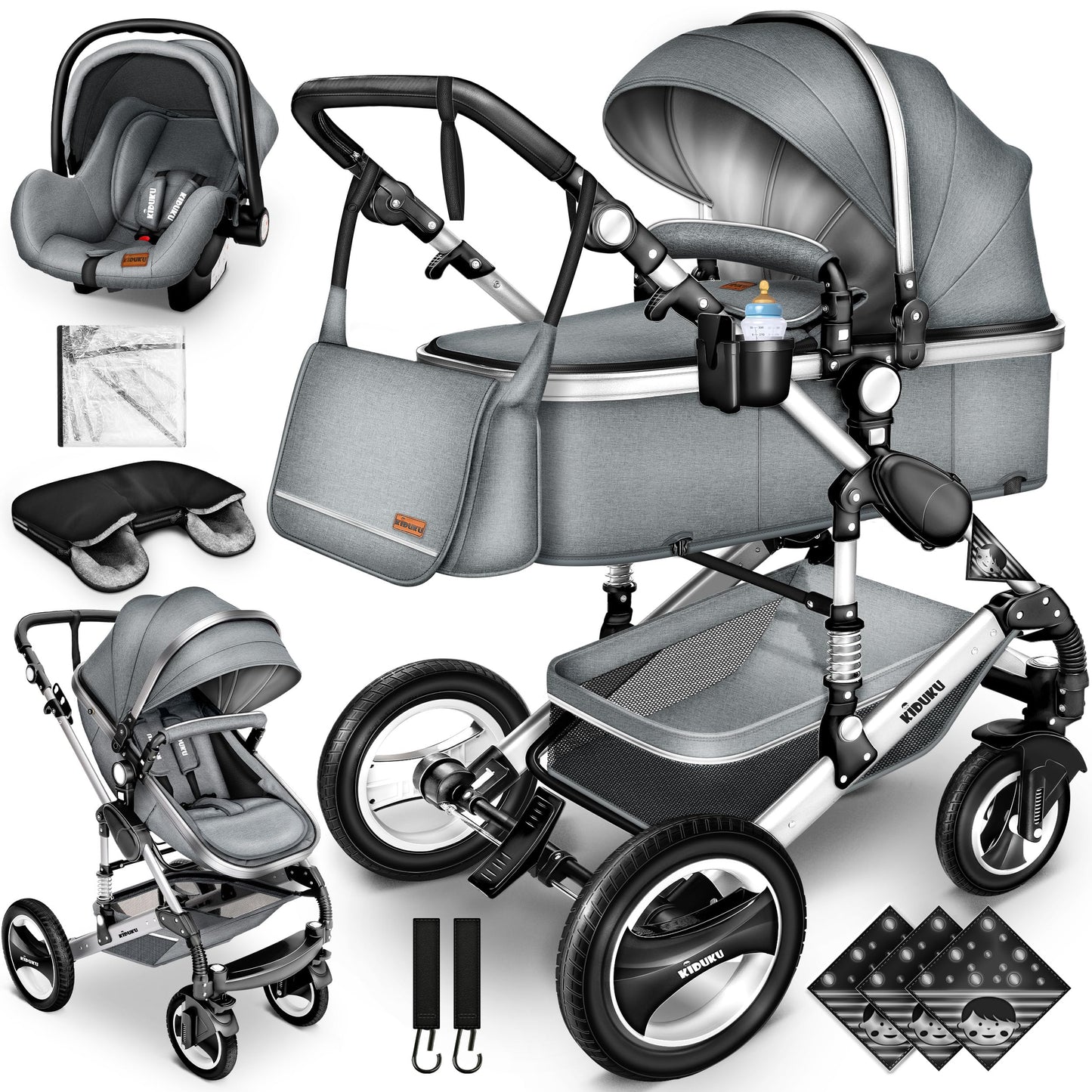 KIDUKU® 3-in-1 Complete Pram Set incl. Baby Carrycot, Buggy, Sports Seat & Car Seat, Footmuff, Solid Rubber Tyres, Changing Bag, Hand Warmer, Rain Cover, Children's Tray, ECE R129