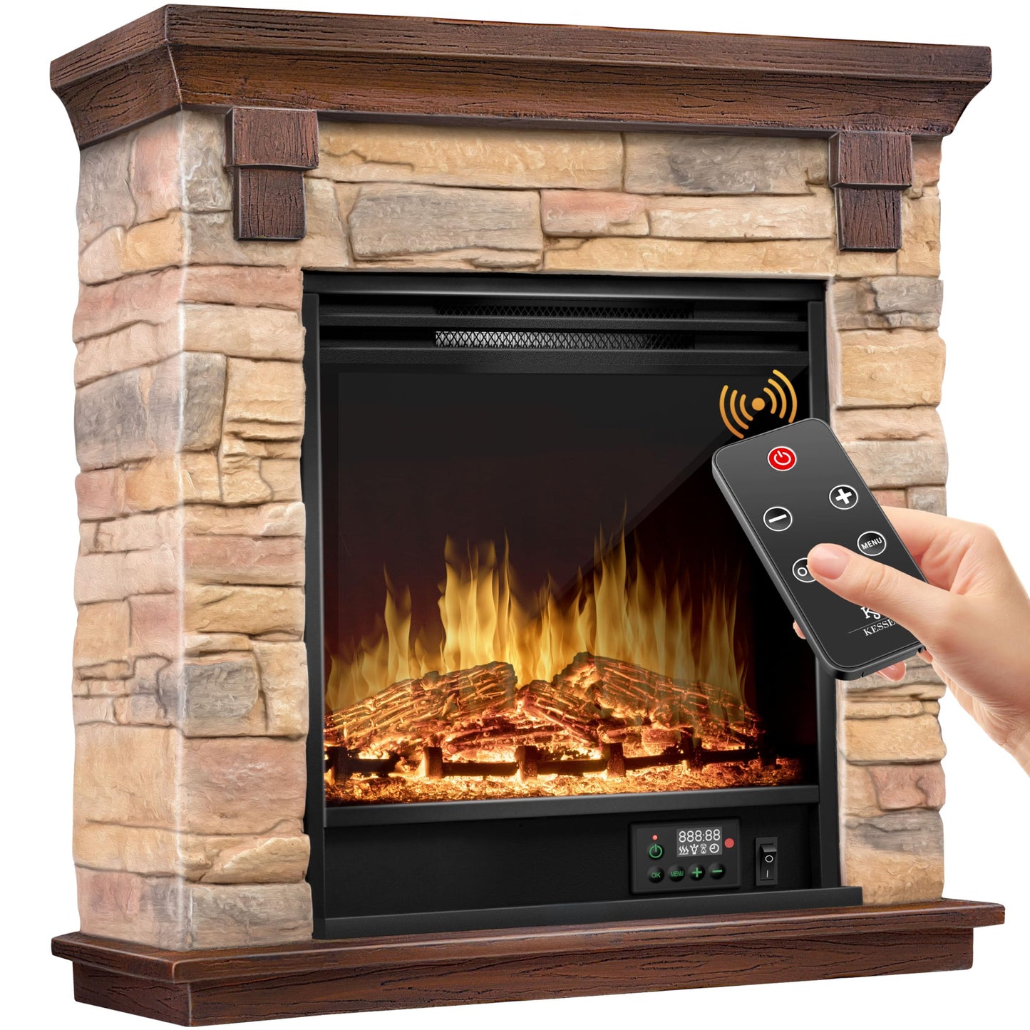 KESSER® Electric Fireplace with LED 3D Flame Effect, Heating Function, 1,800 W Power, Timer, Thermostat, Remote Control, Dimmable, Natural/Brown
