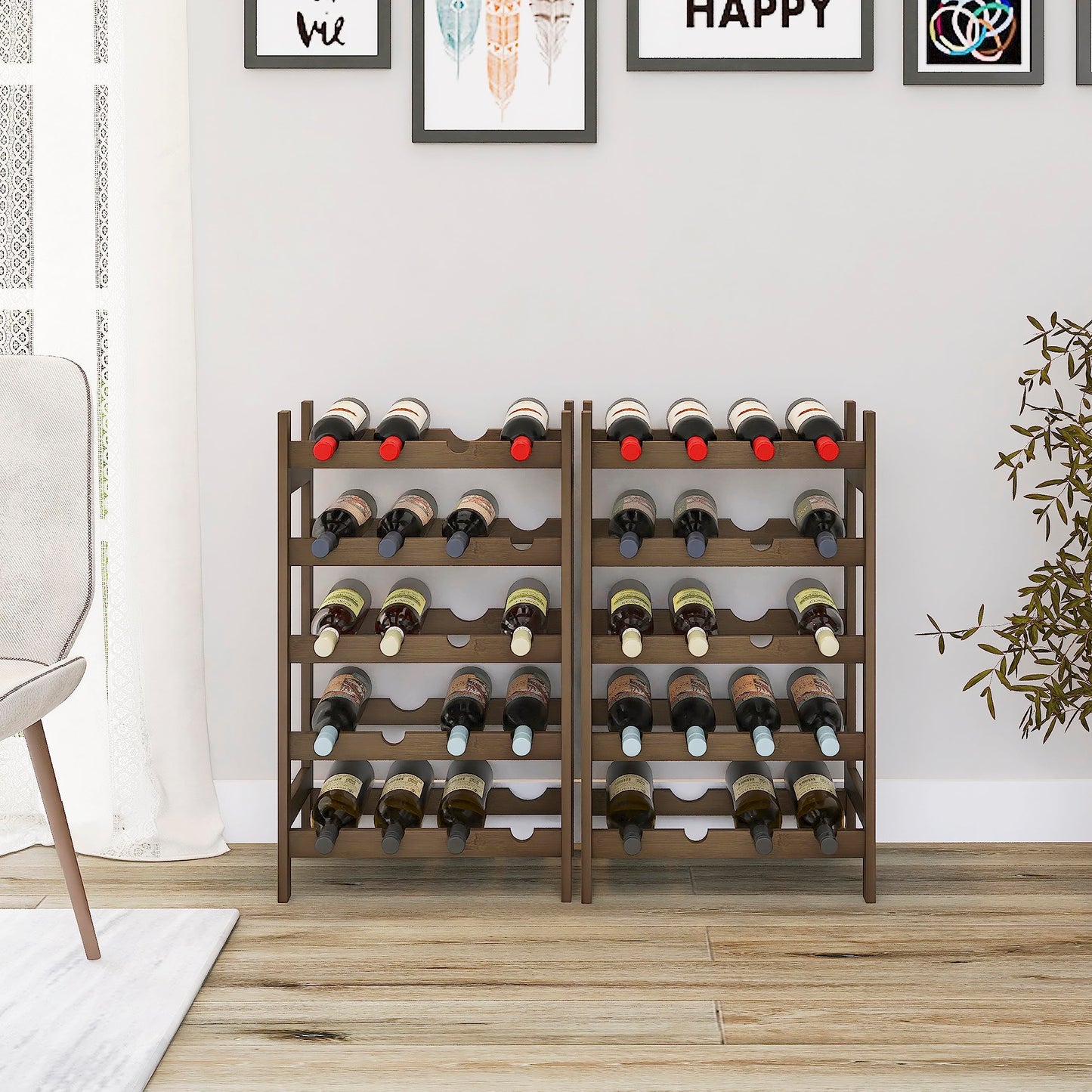 SMIBUY Bamboo Wine Rack, 20 Bottle Display Holder, 5 Tier Freestanding Storage Racks for Kitchen, Pantry, Basement, Bar (Black)