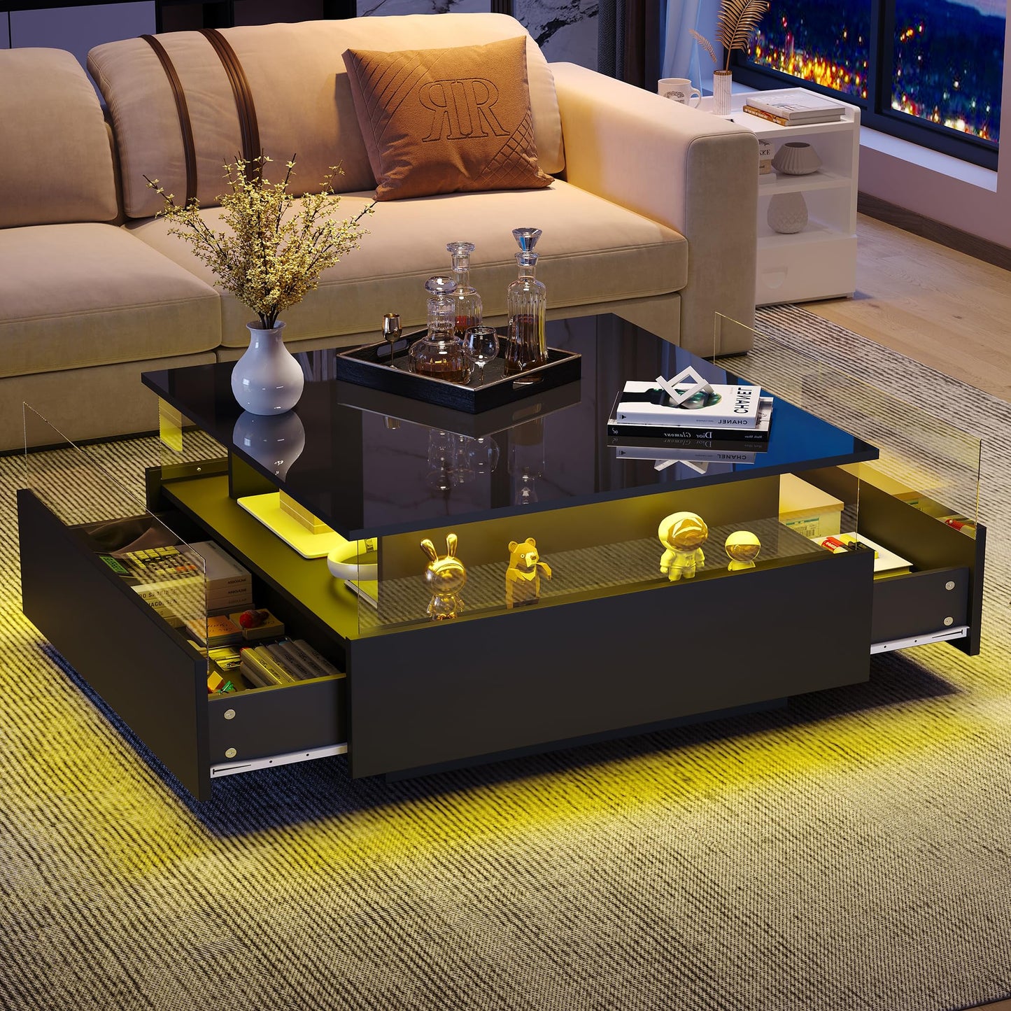 Modern High-Gloss LED Coffee Table with 2 Drawers and Transparent Presentation Area, Storage Space, Stable and Durable - Load Capacity up to 30 kg, Ideal for Living Room, 70 x 70 x 41 cm (Black)