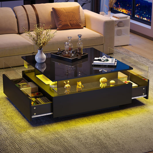 Modern High-Gloss LED Coffee Table with 2 Drawers and Transparent Presentation Area, Storage Space, Stable and Durable - Load Capacity up to 30 kg, Ideal for Living Room, 70 x 70 x 41 cm (Black)