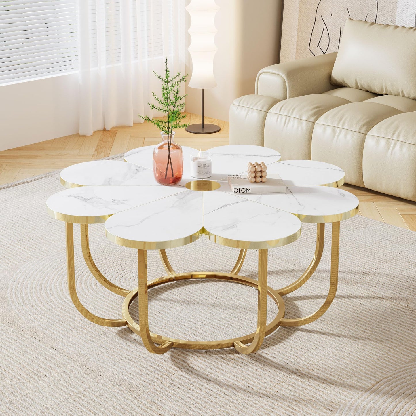 Tribesigns Coffee Table in White and Gold, Modern Coffee Table in Flower Shape with Faux Marble Top 100 cm Large Floral Accent Table with Metal Frame, Living Room Table, Sofa Table for Living Room