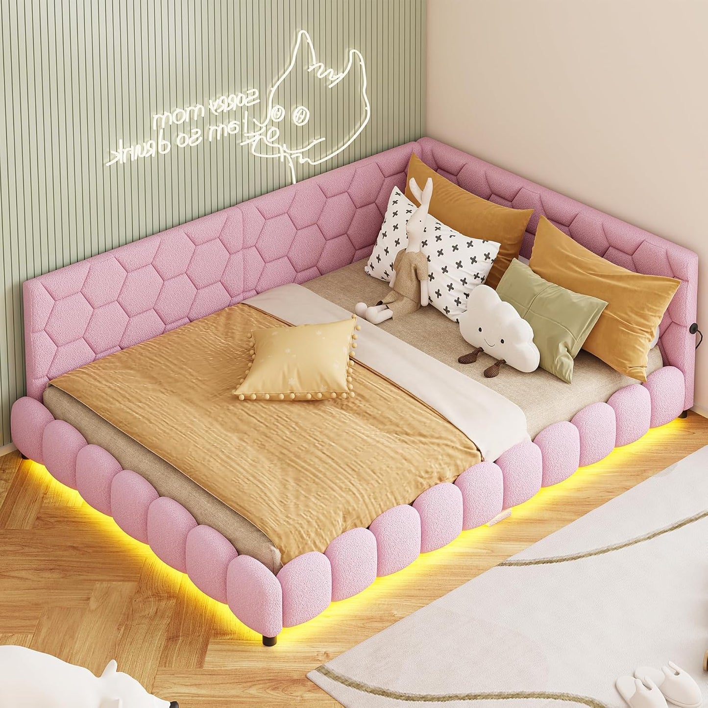 Upholstered Sofa Bed 140 x 200 cm, with Ambient Light and USB Connection, Children's Bed with Slatted Frame, Functional Bed, Teenager's Bed, Lambswool Material, Pink