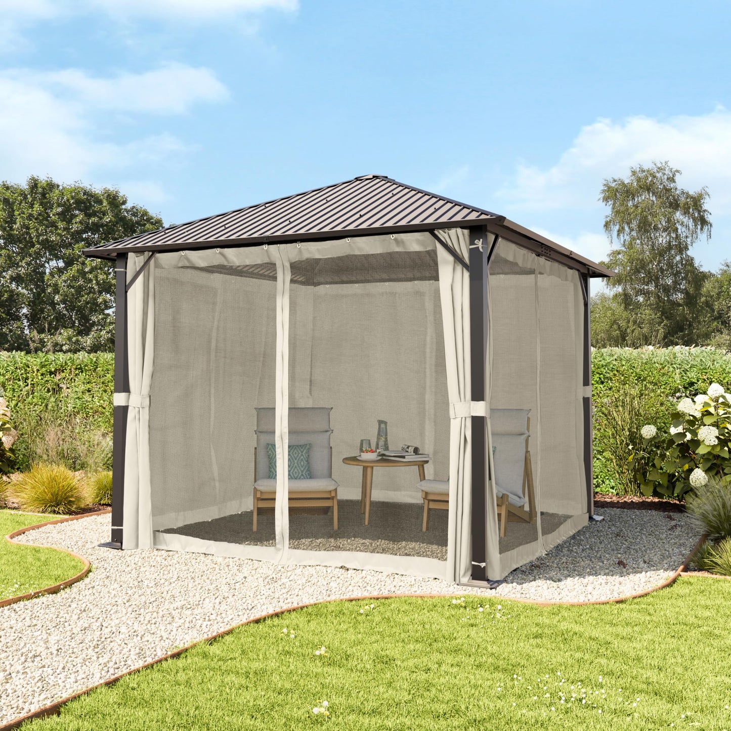 TOOLPORT Garden Gazebo 3 x 3 m with Steel Roof - Hardtop Gazebo with 4 Side Panels and Mosquito Nets in Cream